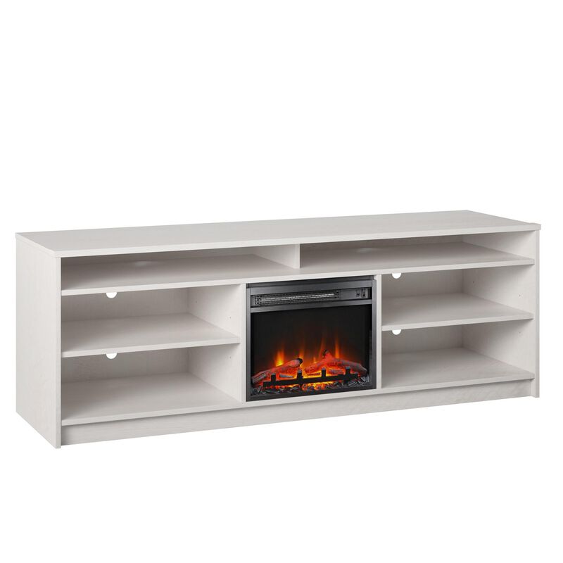 REALROOMS Hickory Hill 75" TV Stand with Electric Fireplace Space Heater and 6 Shelves