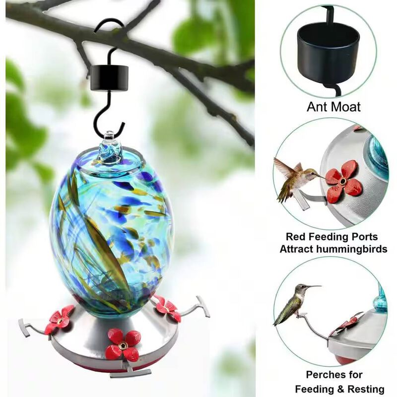 Glass Hummingbird Feeder with Perch and 4 Feeding Ports for Outdoor Use