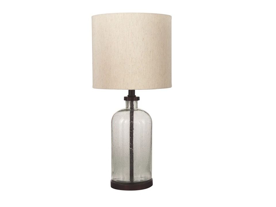Cylindrical Seeded Glass Table Lamp with Fabric Drum Shade, Beige and Clear - Benzara