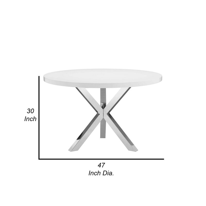 Emi 47 Inch Round Dining Table, X- Cross Brushed Steel, White Wood - Benzara