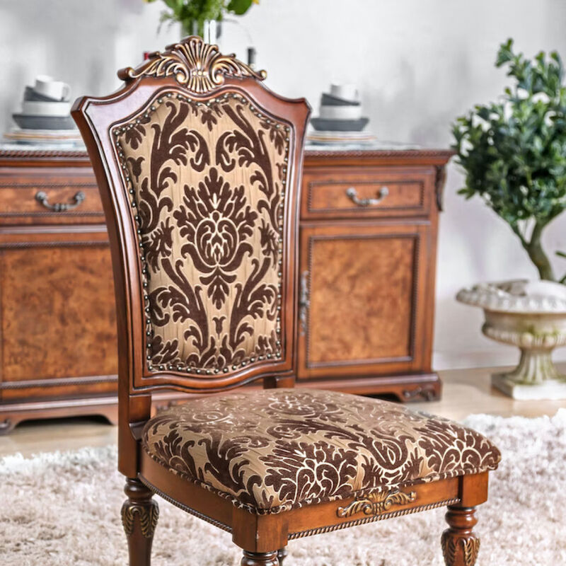 Brown Cherry Side Chairs with Floral Design Seats