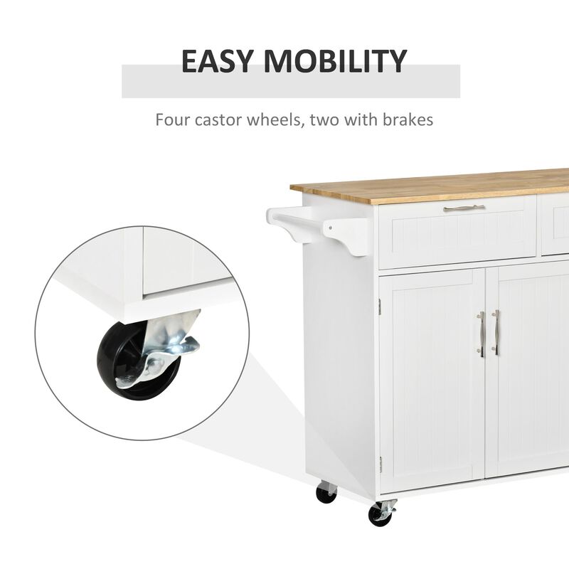 White Kitchen Cart: Portable Island with Rubberwood Top and Drawers