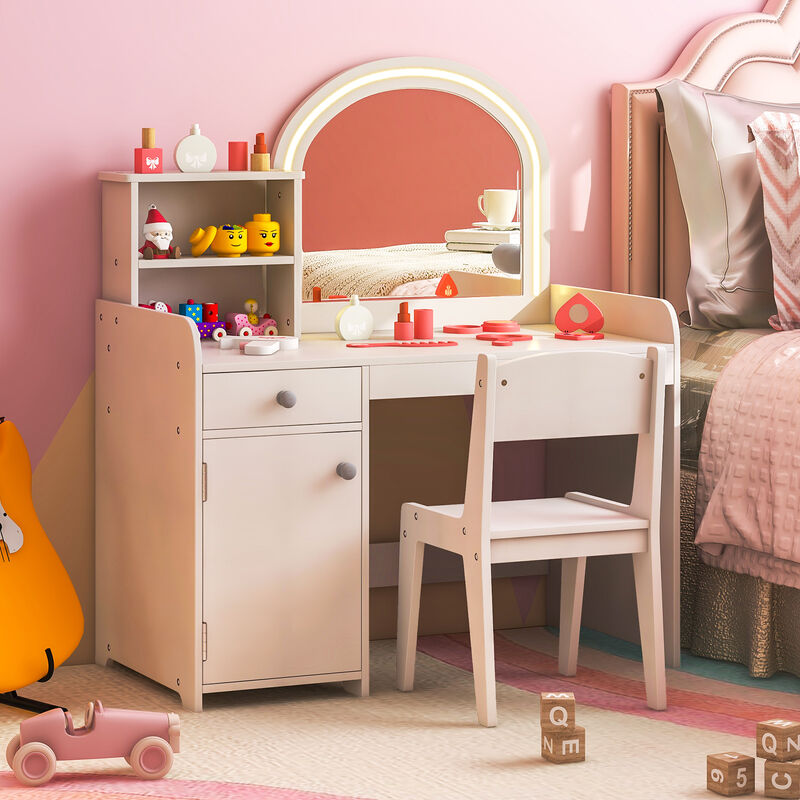 Kids Vanity Table and Chair Set with Shelves Drawer and Cabinet-White