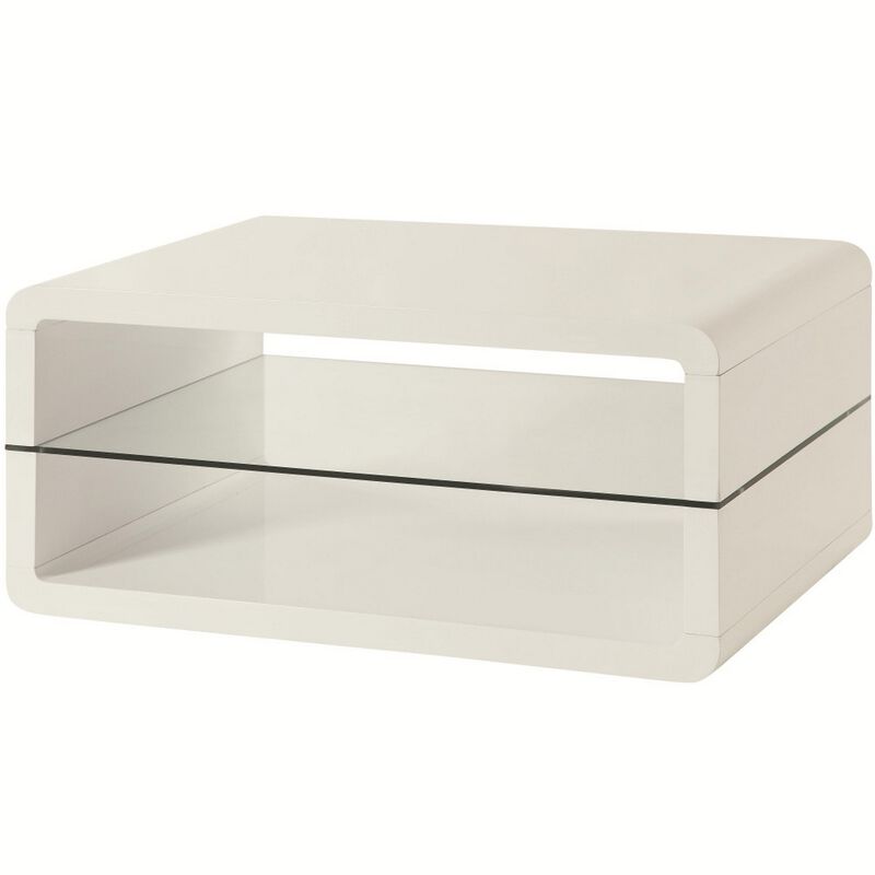 Modern Coffee Table With Rounded Corners & Clear Tempered Glass Shelf, White-Benzara