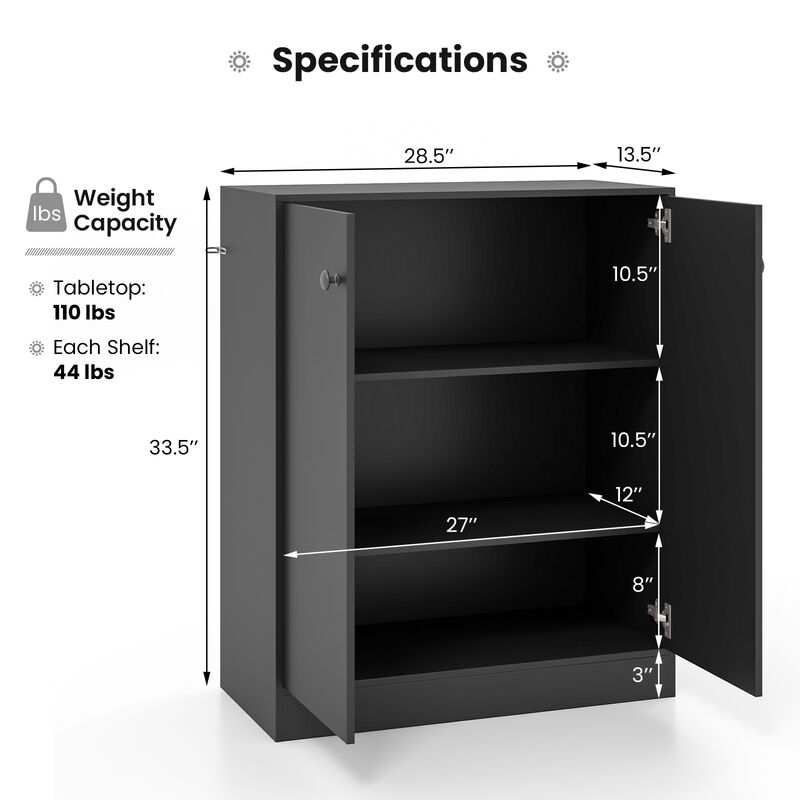 2-Door Modern Floor Storage Cabinet with 3-Tier Shelf-Black