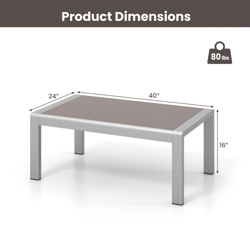 Outdoor Rectangle Coffee Table with Tempered Glass Tabletop for Backyard Poolside-Grey