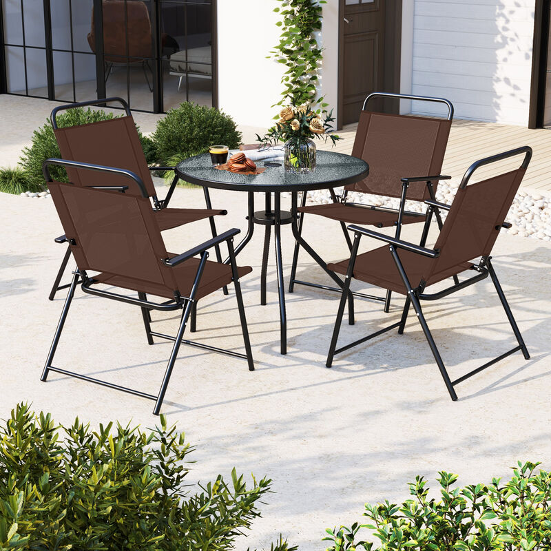 6 Pieces Patio Dining Set Folding Chairs Glass Table Tilt Umbrella for Garden