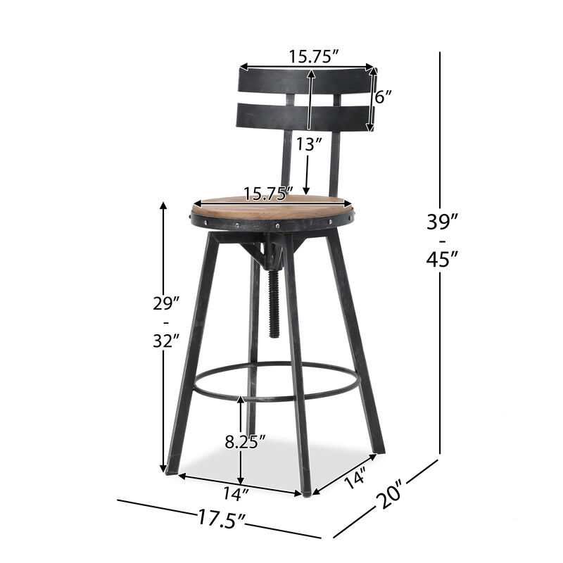 Antique Firwood and Metal Barstool with Smooth Seat Backing