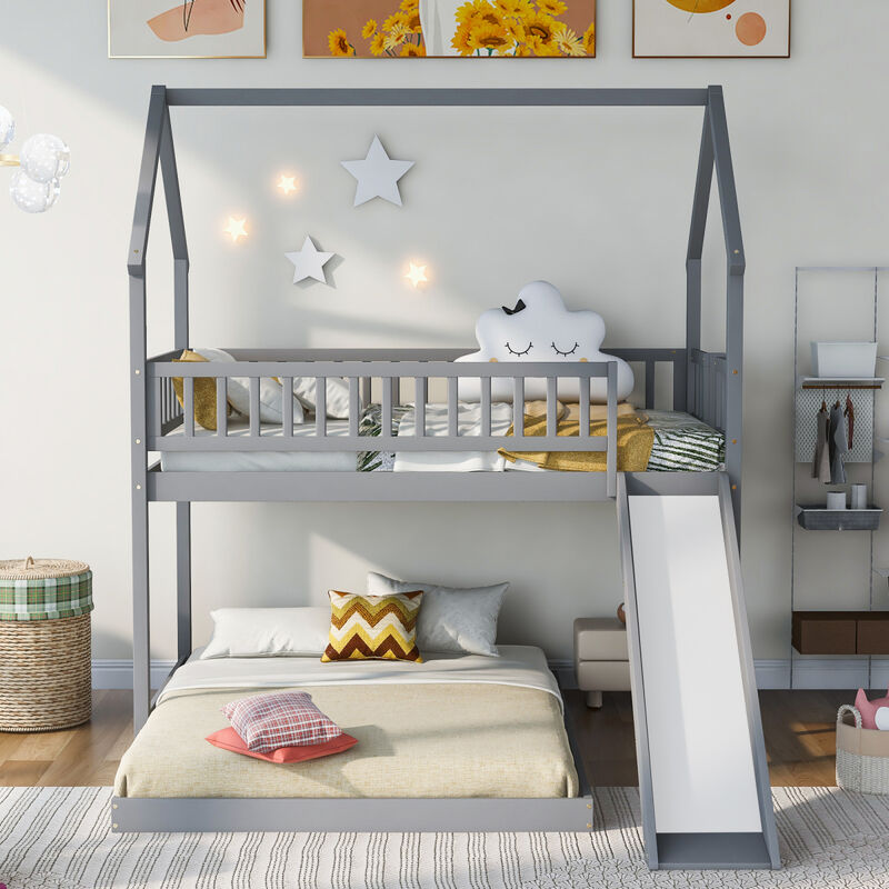 Twin Over Full House Bunk Bed With Slide And Built-In Ladder, Full-Length Guardrail