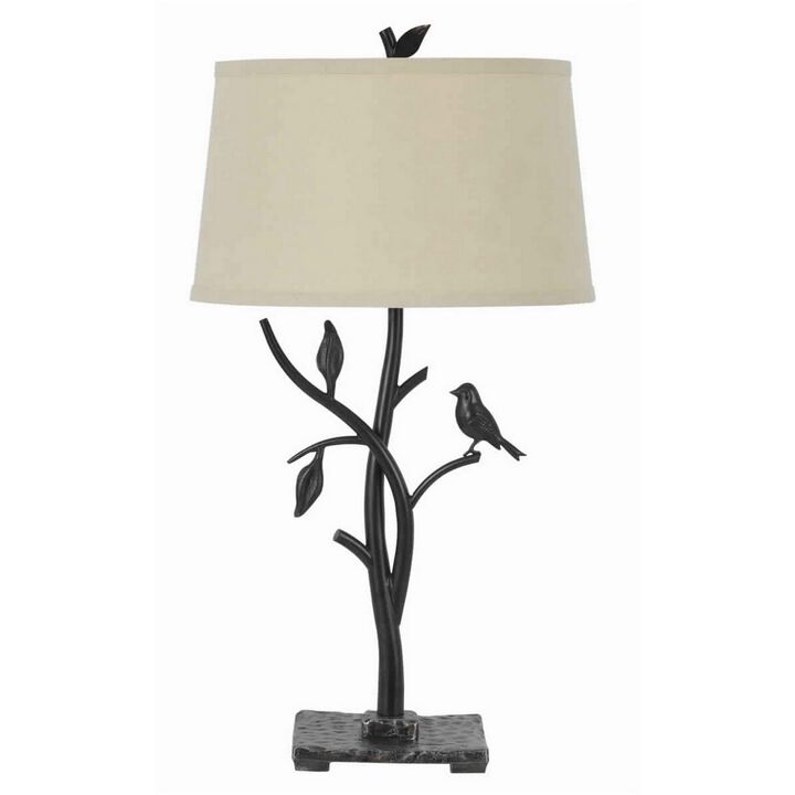 Metal Tree and Bird Body Table Lamp with Tapered Shade, Black and Beige-Benzara