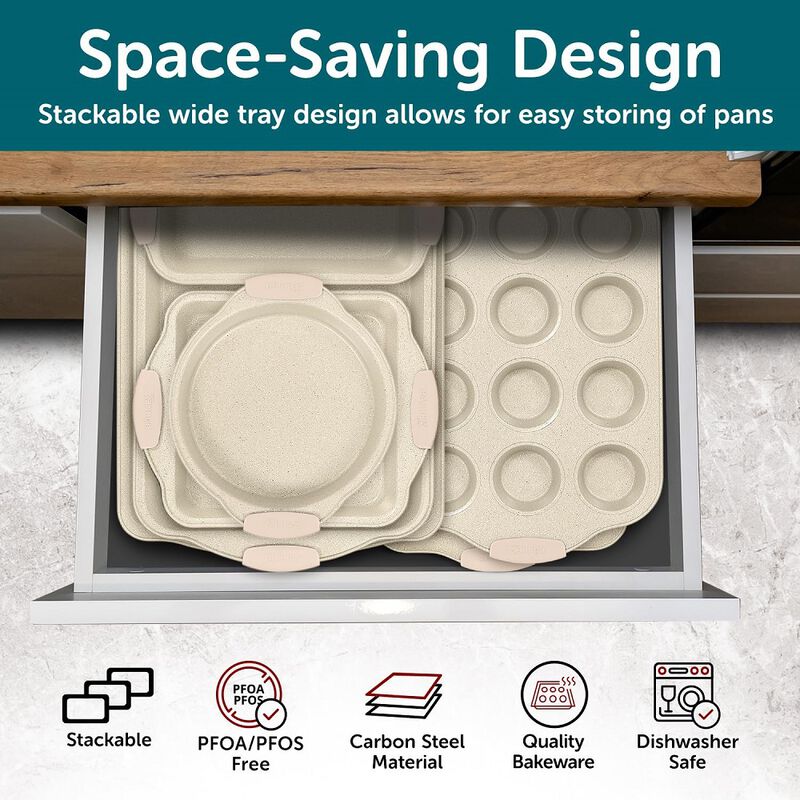6-Piece Deluxe Nonstick Baking Pan Set - Professional Grade Carbon Steel Bakeware with White Marble Coating & Silicone Handles