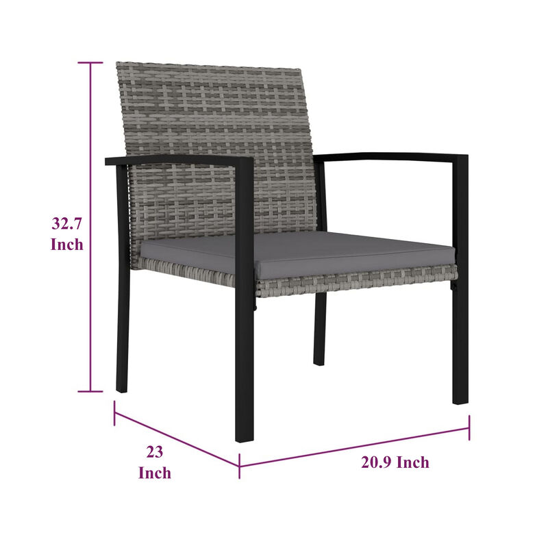 Outdoor Dining Set of 4, Gray Poly Rattan, Black Steel Frame - Benzara