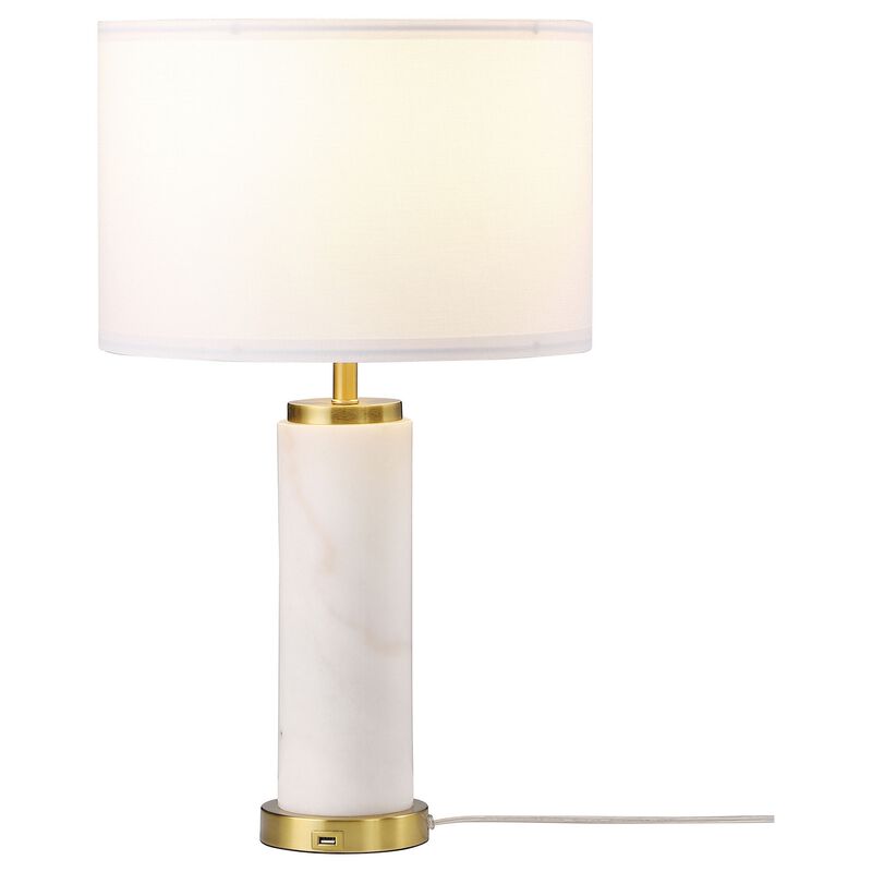 25 Inch Table Lamp, White Fabric Drum Shade, Modern Gold Metal Round Base - Benzara