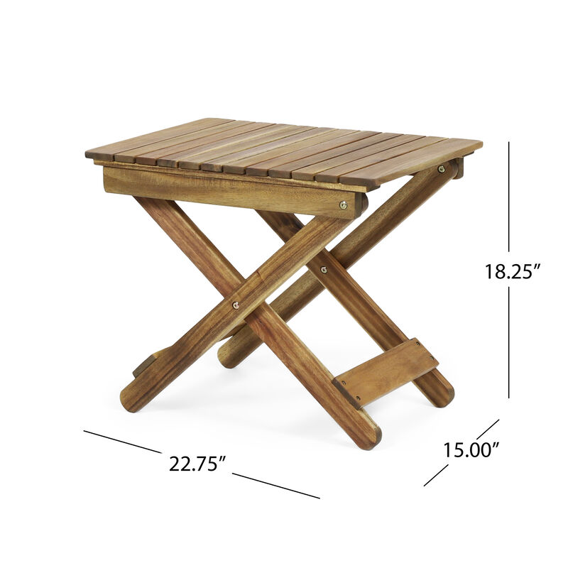 Kyre Outdoor Side Table, Foldable Slatted 23 Inch, Brown Acacia Wood - Benzara