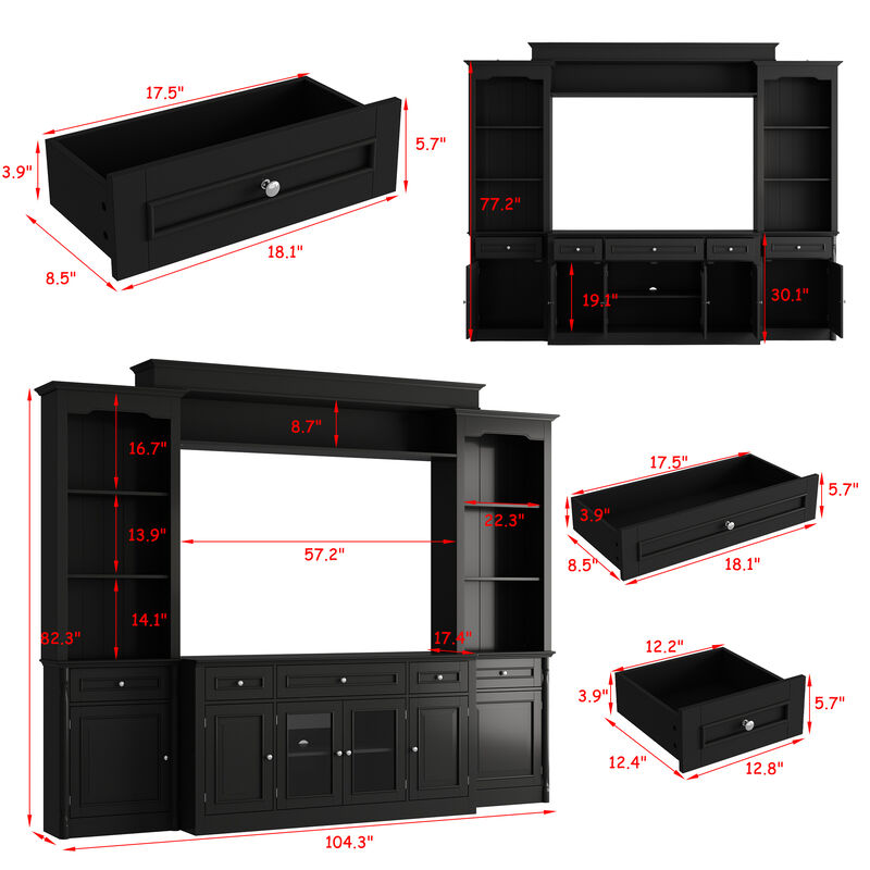 FUFU&GAGA Modern Black TV Stand with 7 Storage Compartments, P2 MDF, Black Finish (104.3" W x 82.3" H x 17.4" D), Black