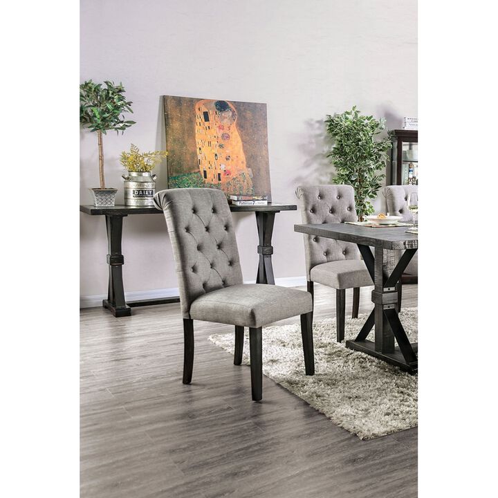 Classic Antique Black / Light Gray Set of 2 Side Chairs Button Tufted Linen Like Fabric Solid wood Chair Upholstered Scroll Back Kitchen Rustic Dining Room Furniture