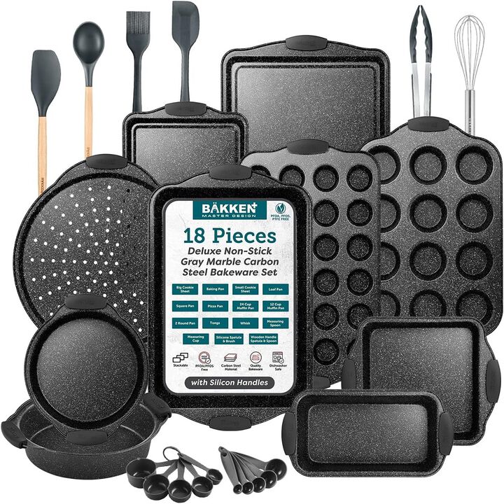 18-Piece Kitchen Oven Baking Set: Nonstick Gray Marble Coating, Carbon Steel Bakeware, Silicone Handles, Dishwasher Safe, Professional Quality, PFOA-Free 18-Piece Kitchen Oven Baking Set: Nonstick Gray Marble Coating, Carbon Steel Bakeware, Silicone Handles, Dishwasher Safe, Professional Quality, PFOA-Free