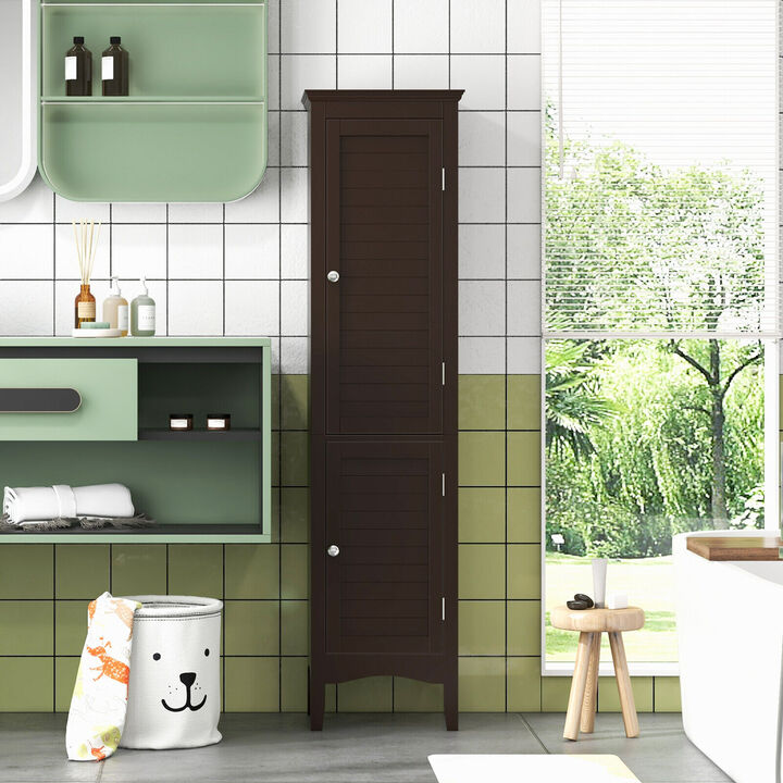 Tall Bathroom Floor Cabinet with Shutter Doors and Adjustable Shelf