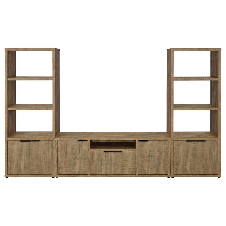 TV Entertainment Console with 2 Media Tower, 4 Cabinets, Natural Brown Wood - Benzara