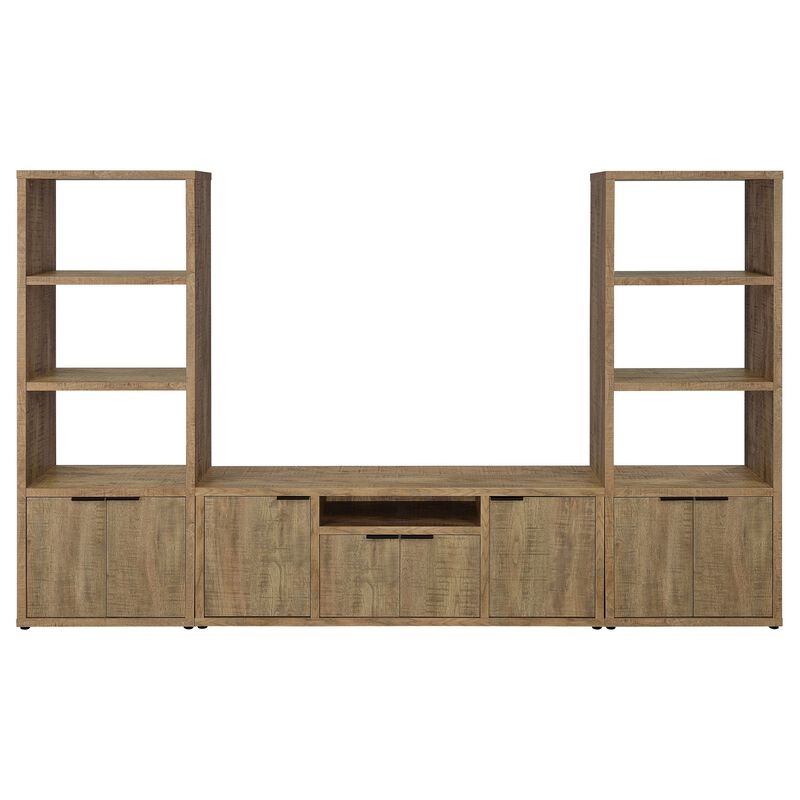 TV Entertainment Console with 2 Media Tower, 4 Cabinets, Natural Brown Wood - Benzara