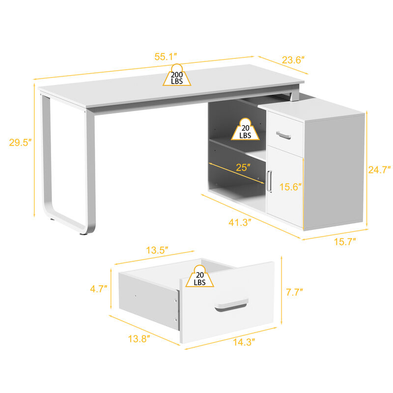 55.1" W : "L" Shape Wooden Computer Desk White Finish with 1-Drawer, Open Shelves and Eco-Friendly Paint Finish