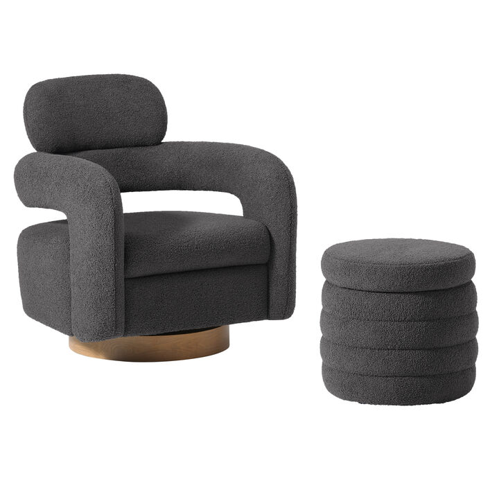 WestinTrends Mid-Century Modern Sherpa Swivel Barrel Accent Chair With Storage Ottoman
