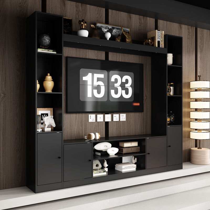 Black Wood Entertainment Centers TV Stand Fits TV's up to 57 in. with Open Shelves, Door Cabinets