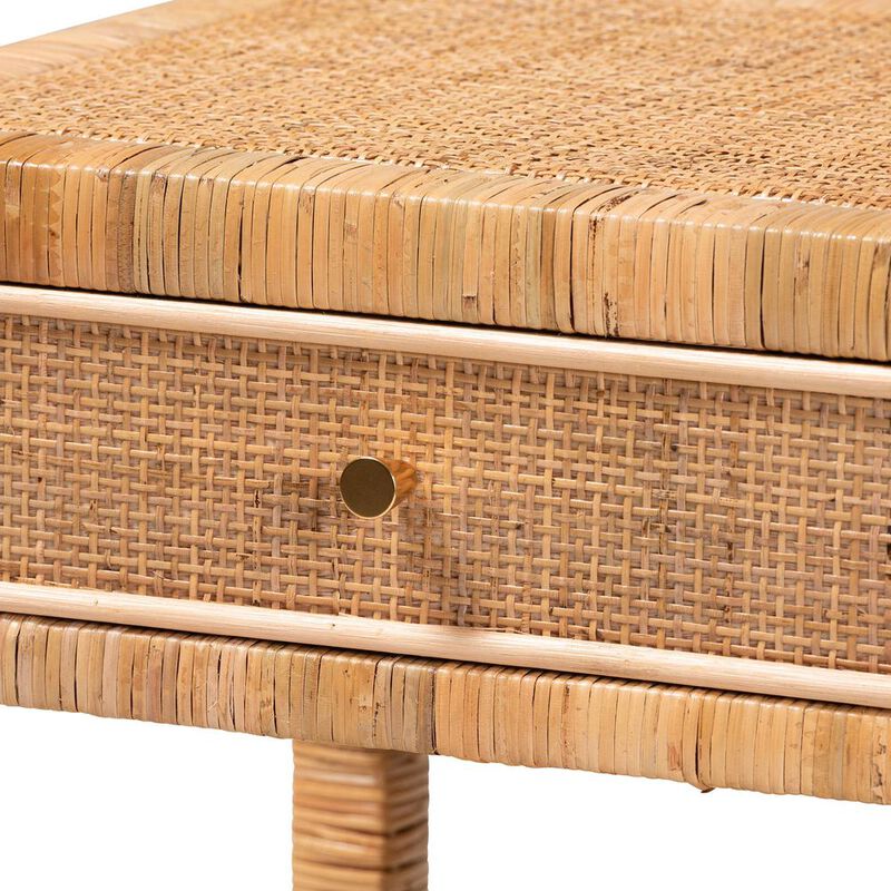 Bali & Pari Bohemian Natural Rattan And Mahogany Wood 1-Drawer Nightstand