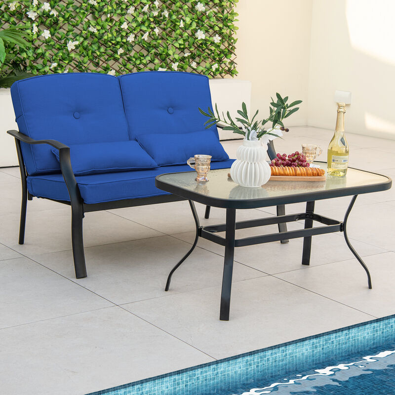 Outdoor Loveseat Chair Set with Tempered Glass Coffee Table