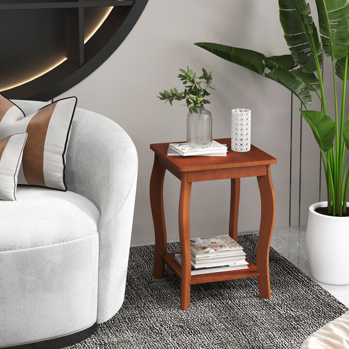 Set of 2 15 Inch 2-Tier Square End Table with Storage Shelf - Walnut
