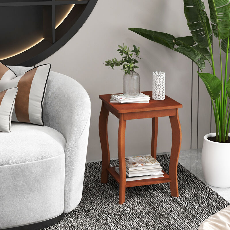 Set of 2 15 Inch 2-Tier Square End Table with Storage Shelf - Walnut