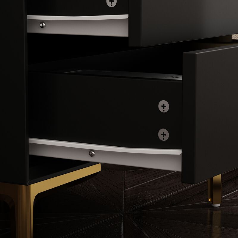 3-Drawer Black Nightstands Side End Table With Gold Metal Legs For Living Room, Bedroom