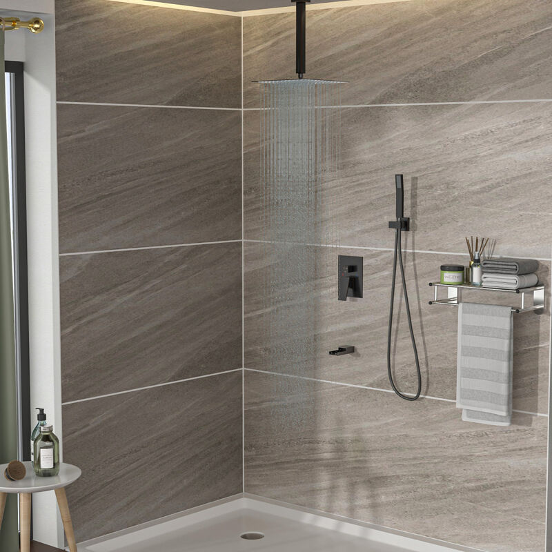 12" Rain Shower Head Systems With Waterfall Tub Spout, Oil Rubber Bronze, Ceiling Mounted Shower