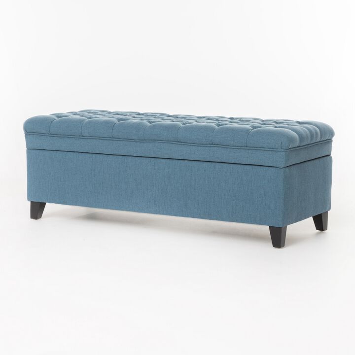 Rhya Storage Ottoman Bench, Soft Blue Fabric, Black Wood, 50 Inch - Benzara