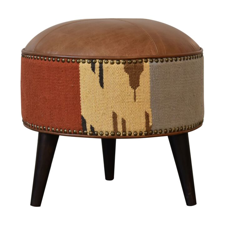 Durrie & Leather Mixed  Solid Wood Footstool
