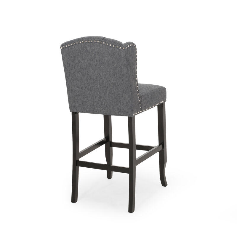 Seliva Barstool Chair Set of 2, Charcoal Gray, Tufted Back, Black Wood - Benzara