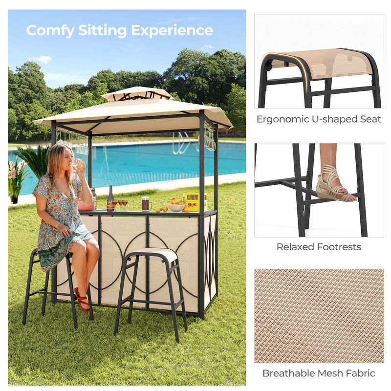 3-Piece Patio Bar Set with Grill Gazebo, 2 Bar Stools, and Tempered Glass Bar Table