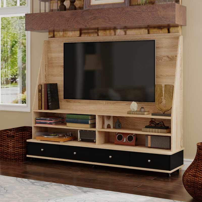 FUFU&GAGA Modern TV Stand with Storage and TV Mount, P2 MDF, with Black Drawers and Casters (70.1" W x 54.7" H x 15.7" D), Oak and Black