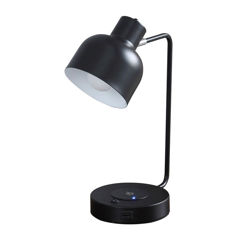 15 Inch Metal Table Lamp, Adjustable Shade, Wireless Charging, Black-Benzara