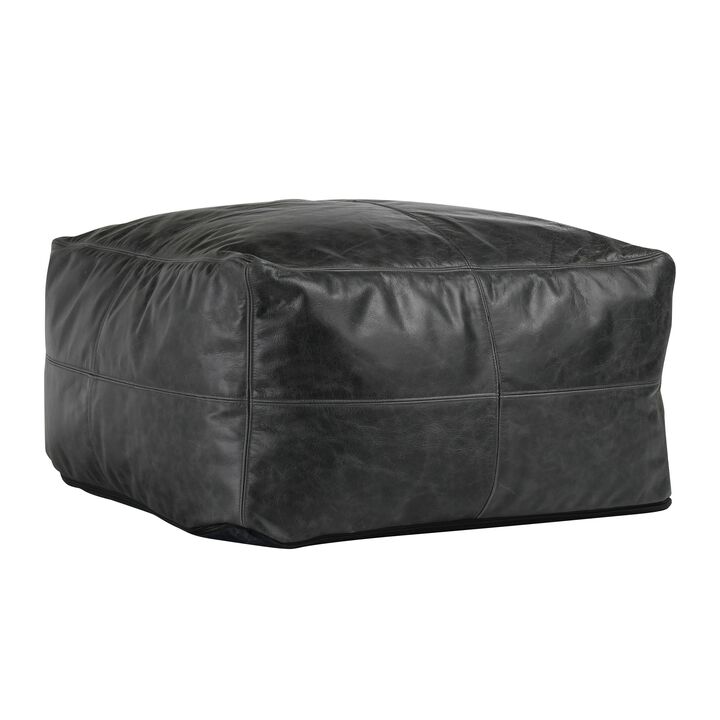 Square Pouf Ottoman, 24 Inch Black Real Leather, Reversible Design - Benzara