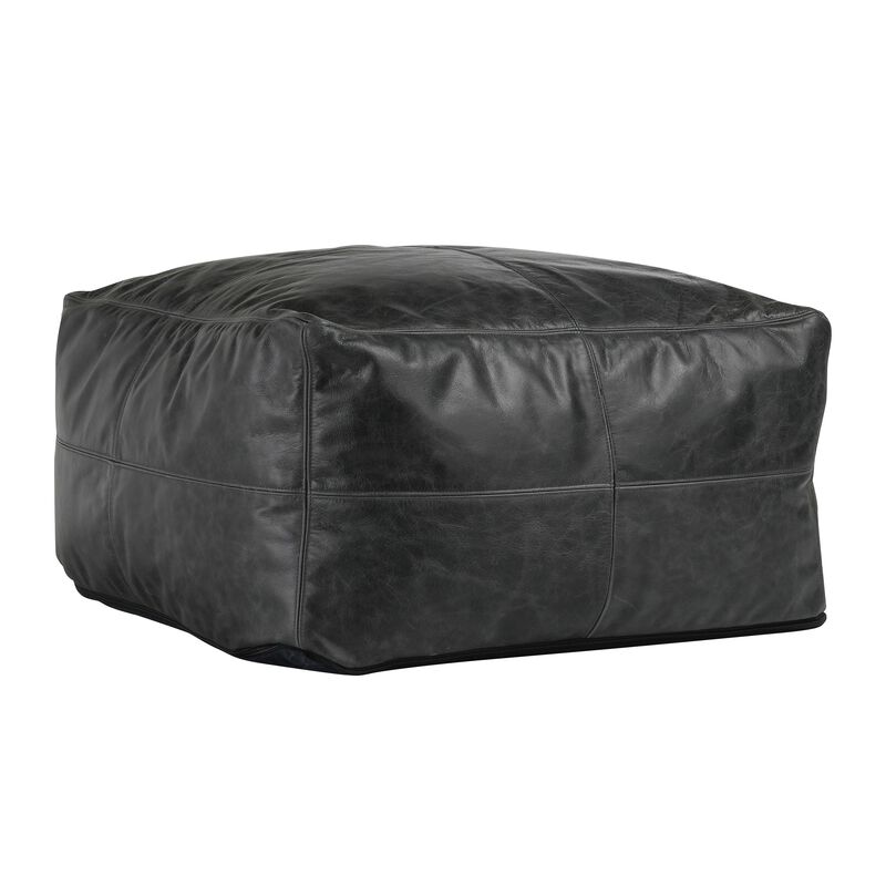 Square Pouf Ottoman, 24 Inch Black Real Leather, Reversible Design - Benzara