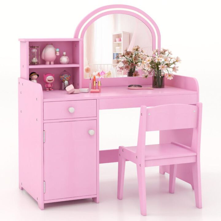 Hivvago Kids Vanity Table and Chair Set with Shelves Drawer and Cabinet-Pink