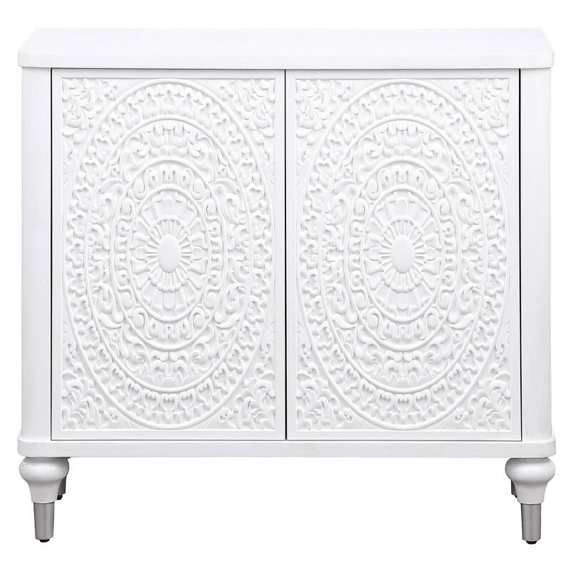 Cardi Accent Cabinet, 2 Medallion Carved Doors, 36 Inch Classic White - Benzara