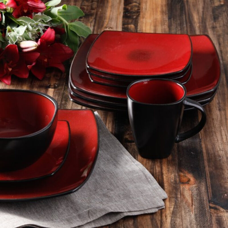 Gibson Soho Lounge 16 Piece Square Stoneware Dinnerware Set in Red and Black