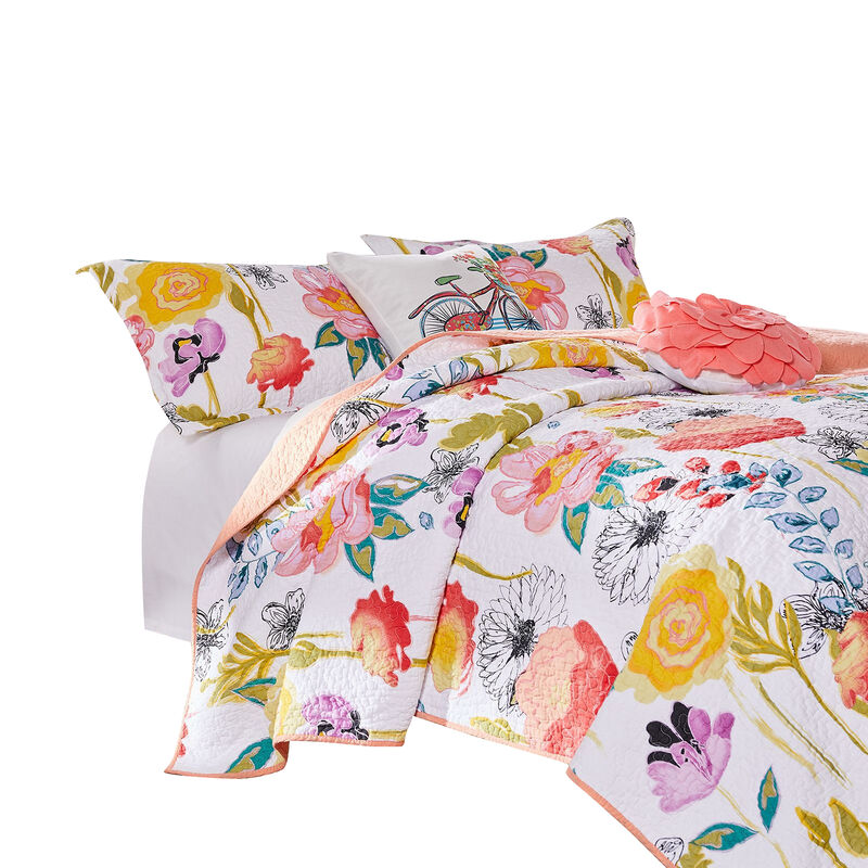 Mavi 4 Piece Reversible Twin Quilt Set, Spring Floral Print, Multicolor - Benzara