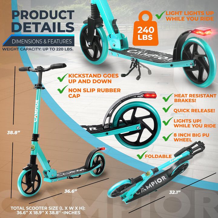 Kick Scooter for Ages 6+, for Kids, Teens, and Adults, Max Load 240 LBS, Foldable, 8-inch Big Wheels for Kids and Adults, with Kickstand, 3 Adjustable Levels, Child Safety Approved