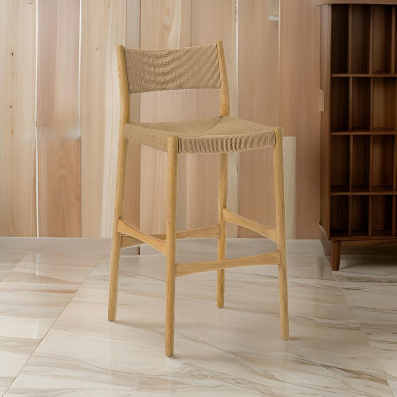 Rie Barstool Chair, Danish Inspired Panel Backrest, Brown Woven Paper Cord - Benzara