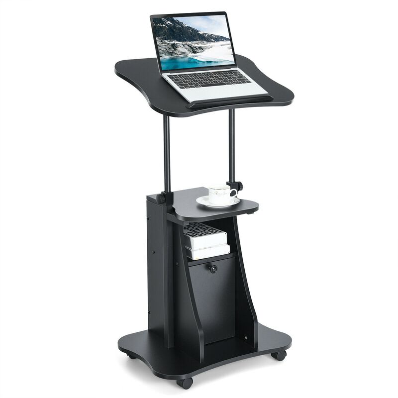 Adjustable Mobile Standing Desk Cart with Tilt Desktop and Cabinet