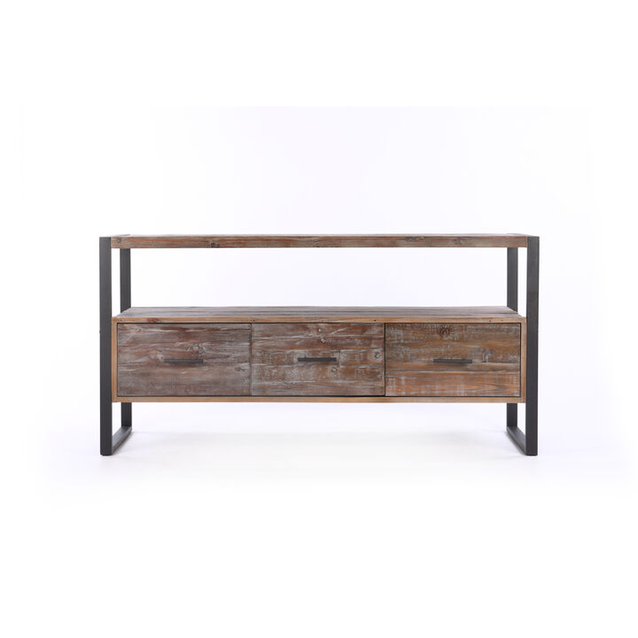 60 Inch Reclaimed Wood Media TV Console Table With 3 Drawer, Open Shelf