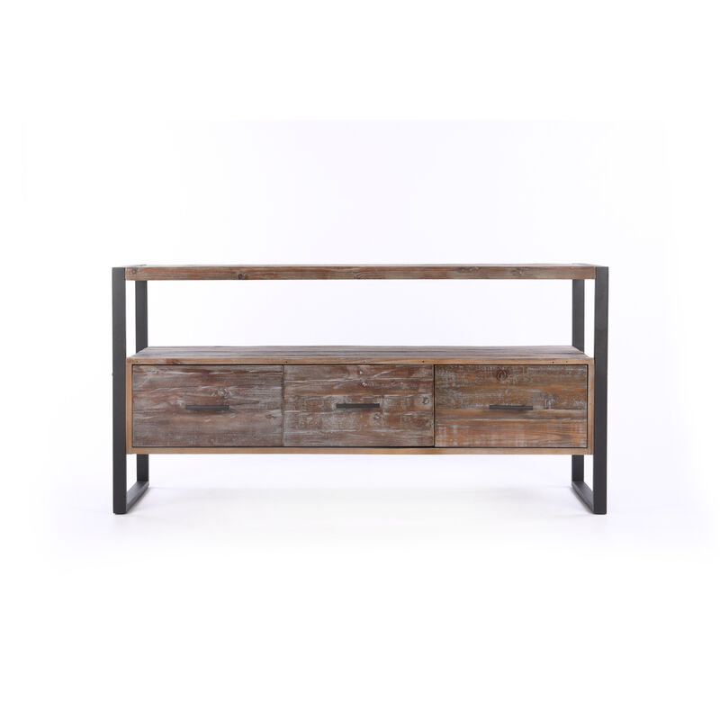 60 Inch Reclaimed Wood Media TV Console Table With 3 Drawer, Open Shelf